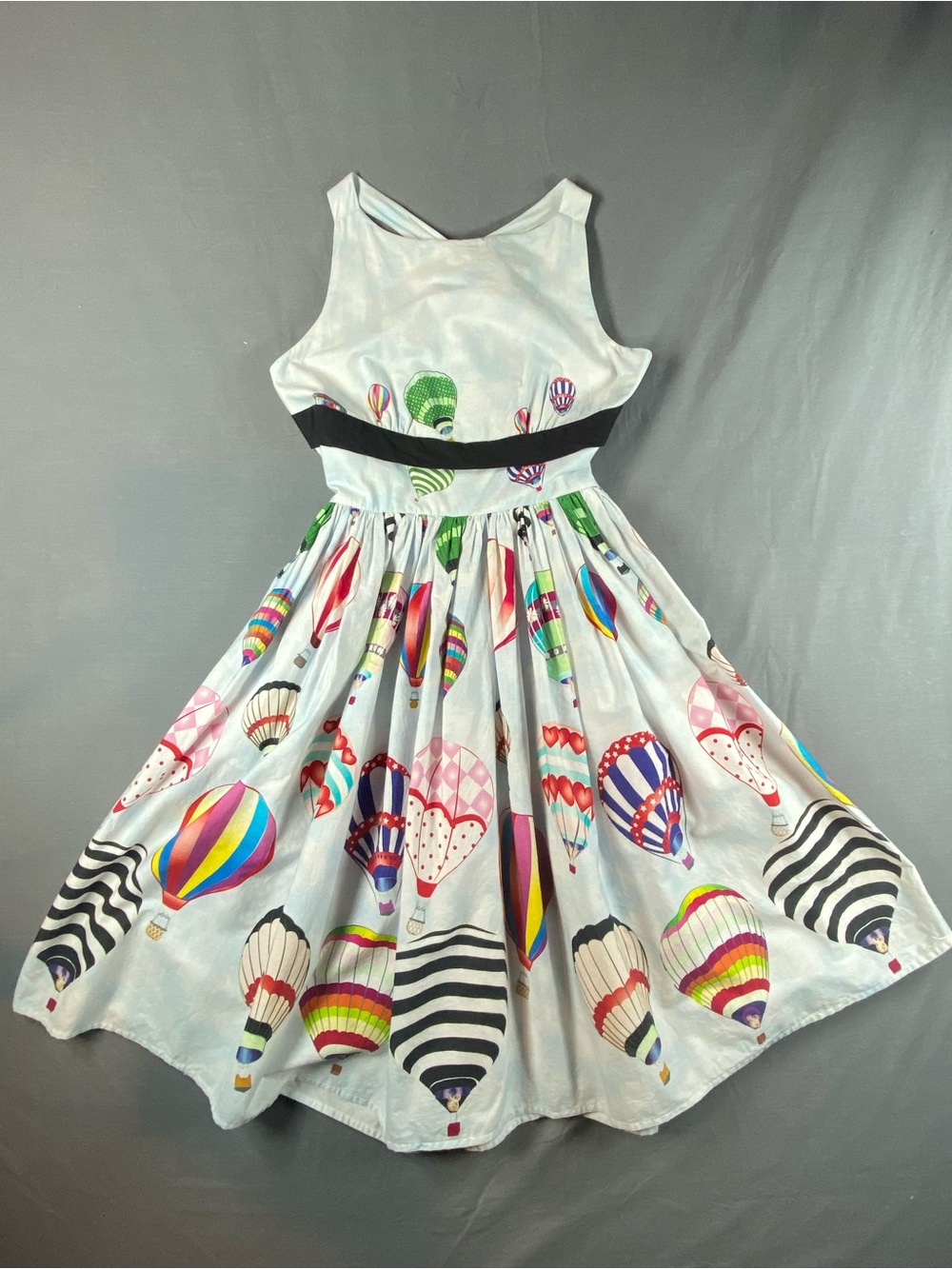 Unique Vintage White Hot Air Balloon Print Dress with Black Waistband